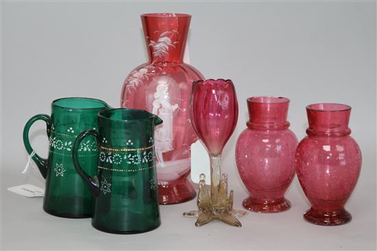 A Mary Gregory Style Cranberry Glass Vase And Sundry Other