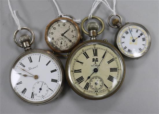 A 9ct gold-cased trench watch, two silver pocket watches and a plated pocket watch. A 9ct gold-cased trench watch, two silver pocket watches and a plated pocket watch.