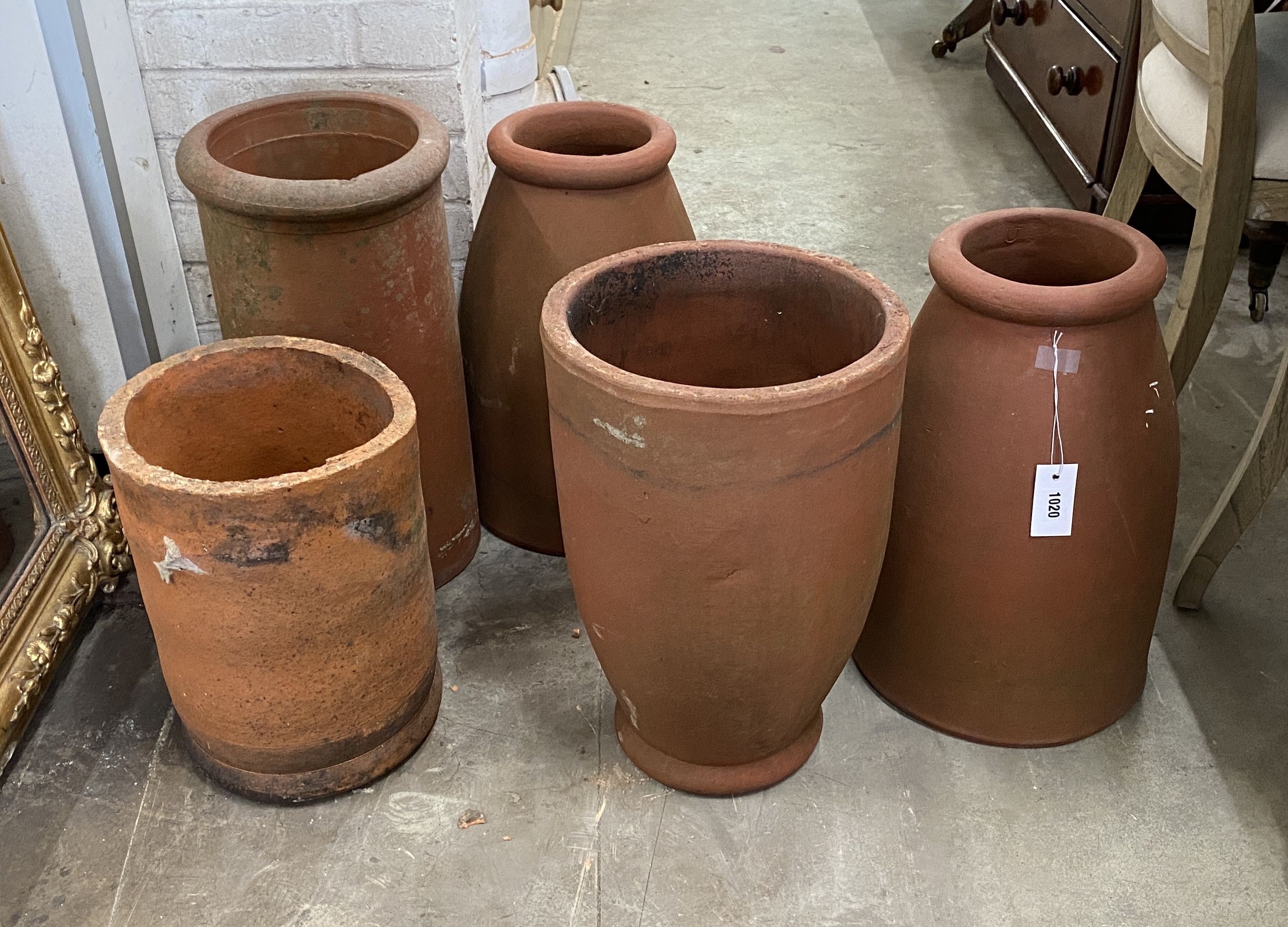 Five circular terracotta rhubarb forcers, largest height 56cm