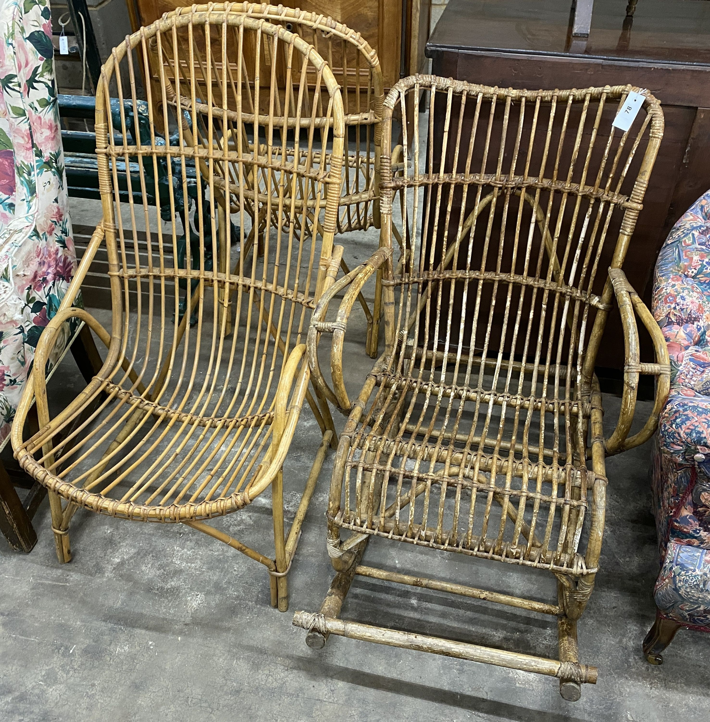A rocking chair in the style of Franco Albino and a pair of bamboo conservatory chairs