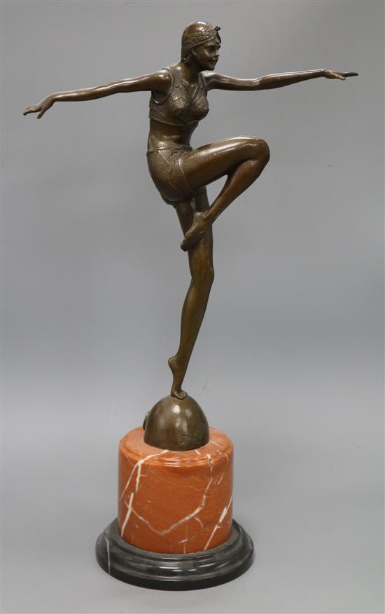 An Art Deco style bronze figure of a dancer, on marble pedestal, signed J. Philipp overall height 55cm