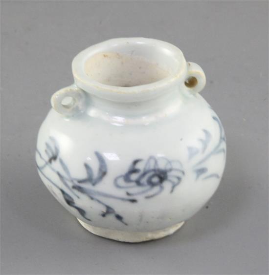 A Chinese blue and white globular jarlet, Yuan dynasty, height 5.5cm A Chinese blue and white globular jarlet, Yuan dynasty, height 5.5cm