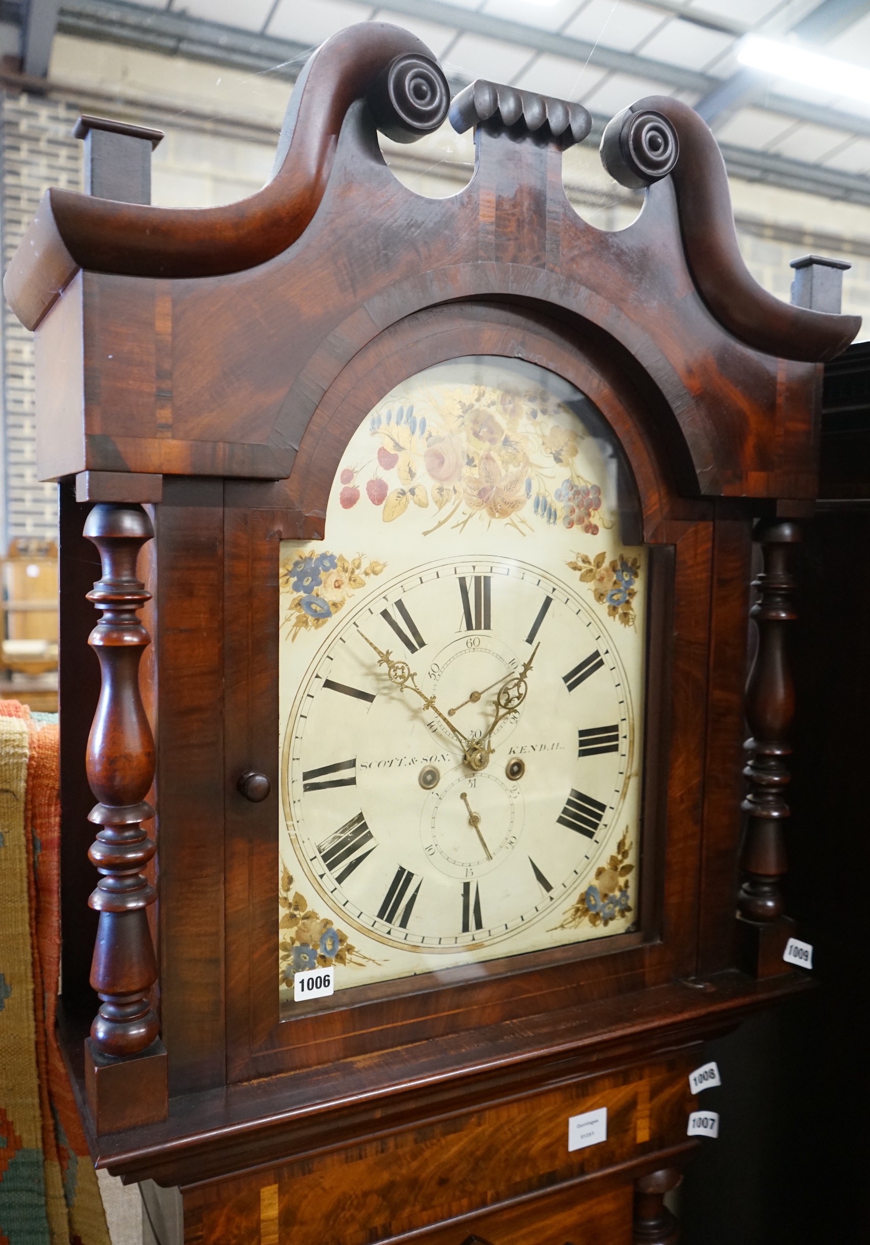A Victorian mahogany 8 day longcase clock with painted dial marked Scott & Sons, Kendall, height 230cm