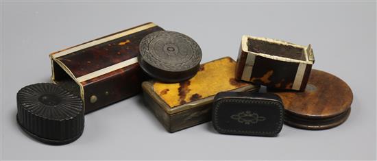 A group of 19th century horn, wood and papier mache snuff boxes and a tortoiseshell cigar case A group of 19th century horn, wood and papier mache snuff boxes and a tortoiseshell cigar case