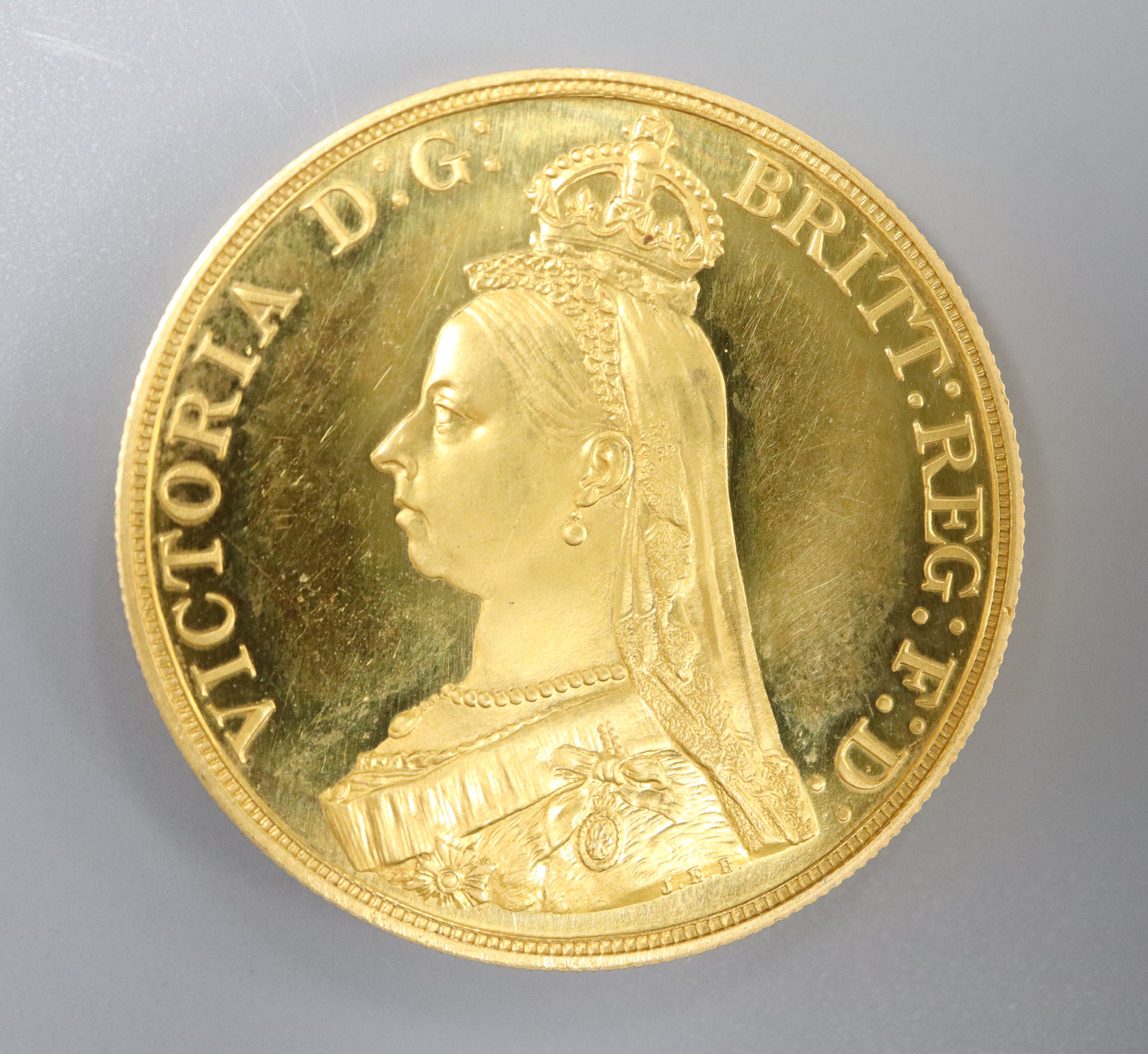 A Victoria 1887 Jubilee gold proof Five Pounds, S.3864 FDC, A Victoria 1887 Jubilee gold proof Five Pounds, S.3864 FDC,
