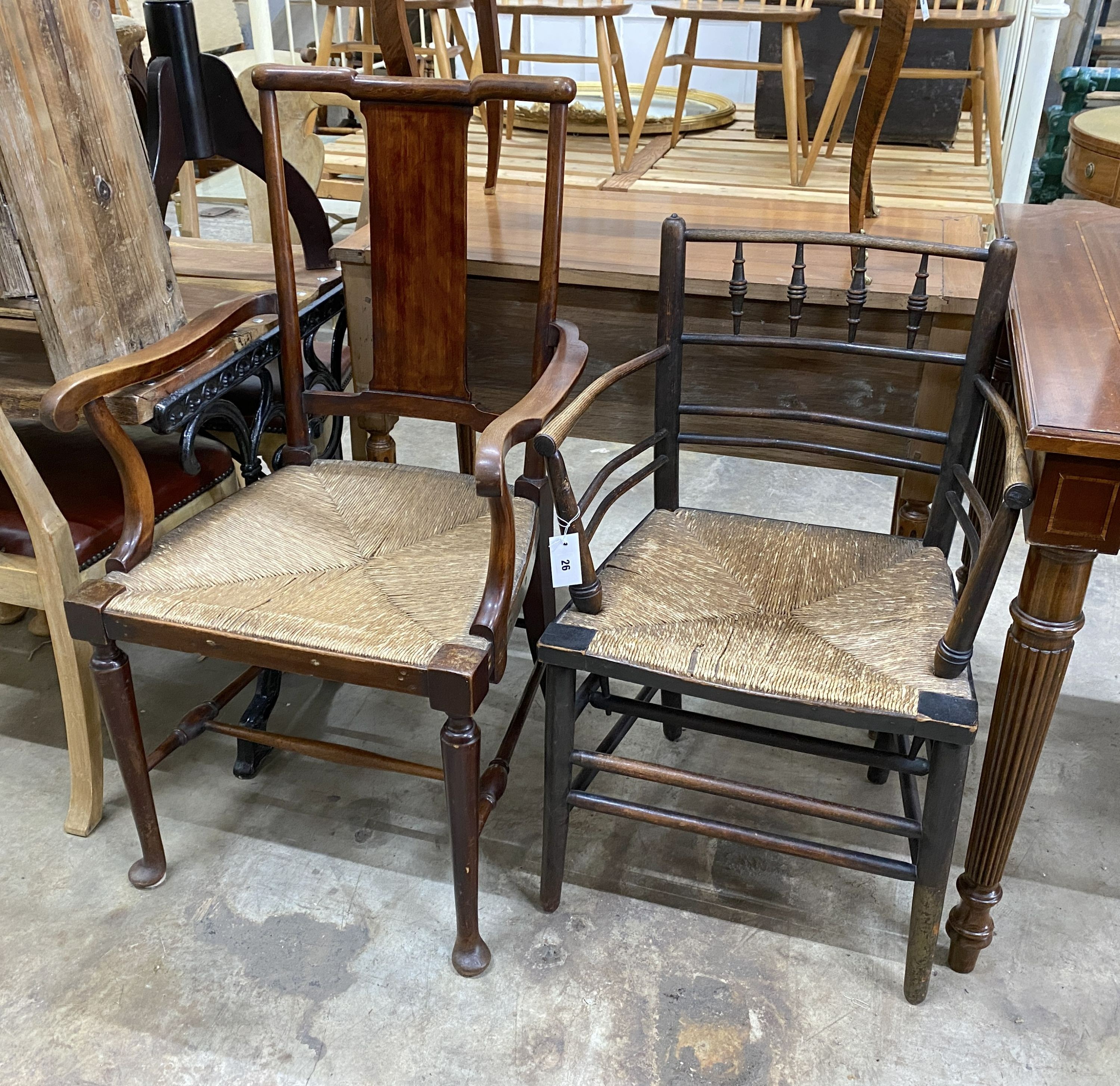 A 19th century ash Sussex chair and an Arts & Crafts rush seat chair, designed by Norman Shaw
