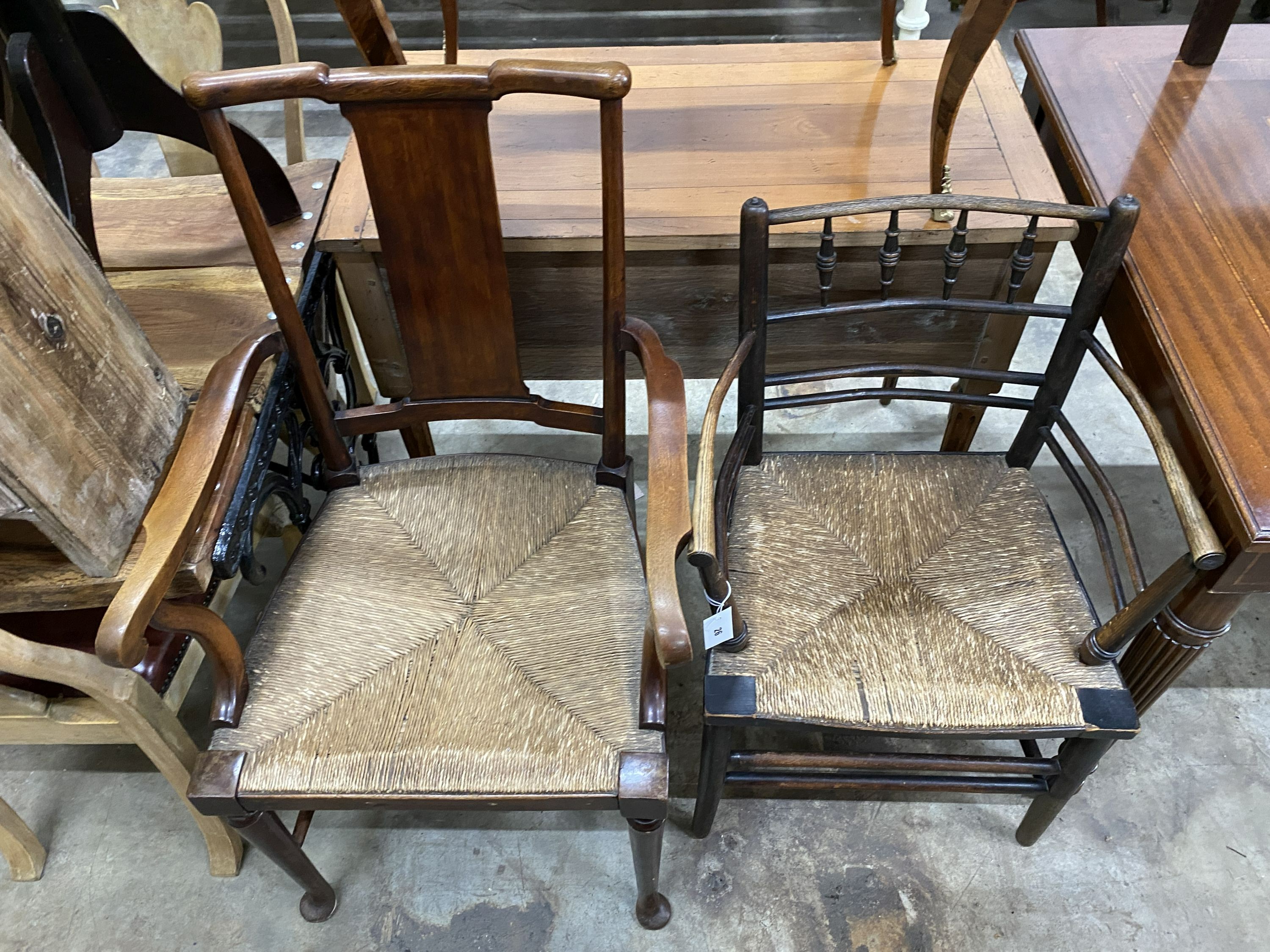 A 19th century ash Sussex chair and an Arts & Crafts rush seat chair, designed by Norman Shaw