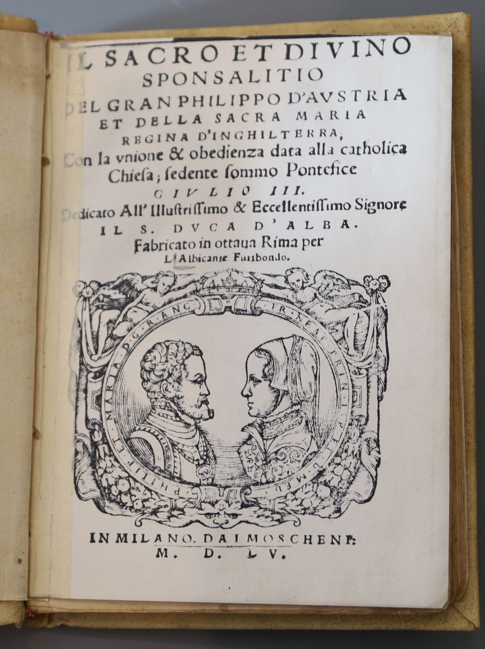 Albicanti, Giovanni Alberto - Sacro et divino sponsalitio, vellum, 12mo, photocopy title page and page 8, Moscheni, Milano, 1550