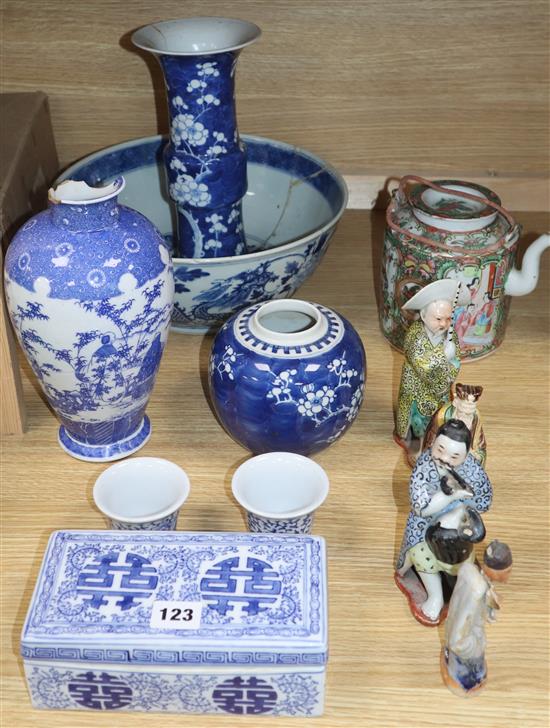Assorted Oriental ceramics including a Gu vase, large blue and white bowl, etc. (a.f.) Assorted Oriental ceramics including a Gu vase, large blue and white bowl, etc. (a.f.)