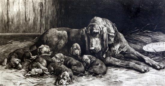 Herbert Thomas Dicksee (1862-1942) Bloodhound with litter of pups in stable 13.5 x 25in. Herbert Thomas Dicksee (1862-1942) Bloodhound with litter of pups in stable 13.5 x 25in.