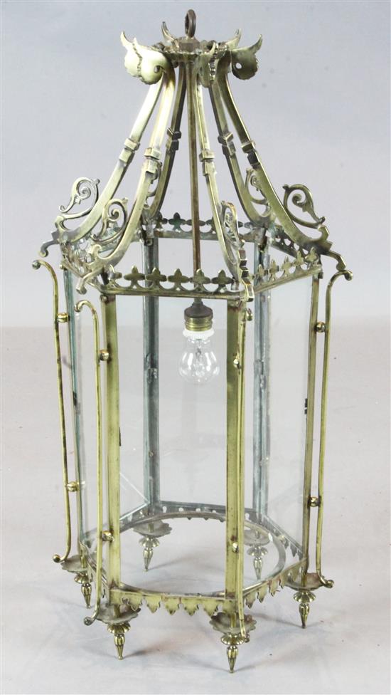 A Victorian brass hexagonal hall lantern, height 31in. diameter 15.5in. A Victorian brass hexagonal hall lantern, height 31in. diameter 15.5in.
