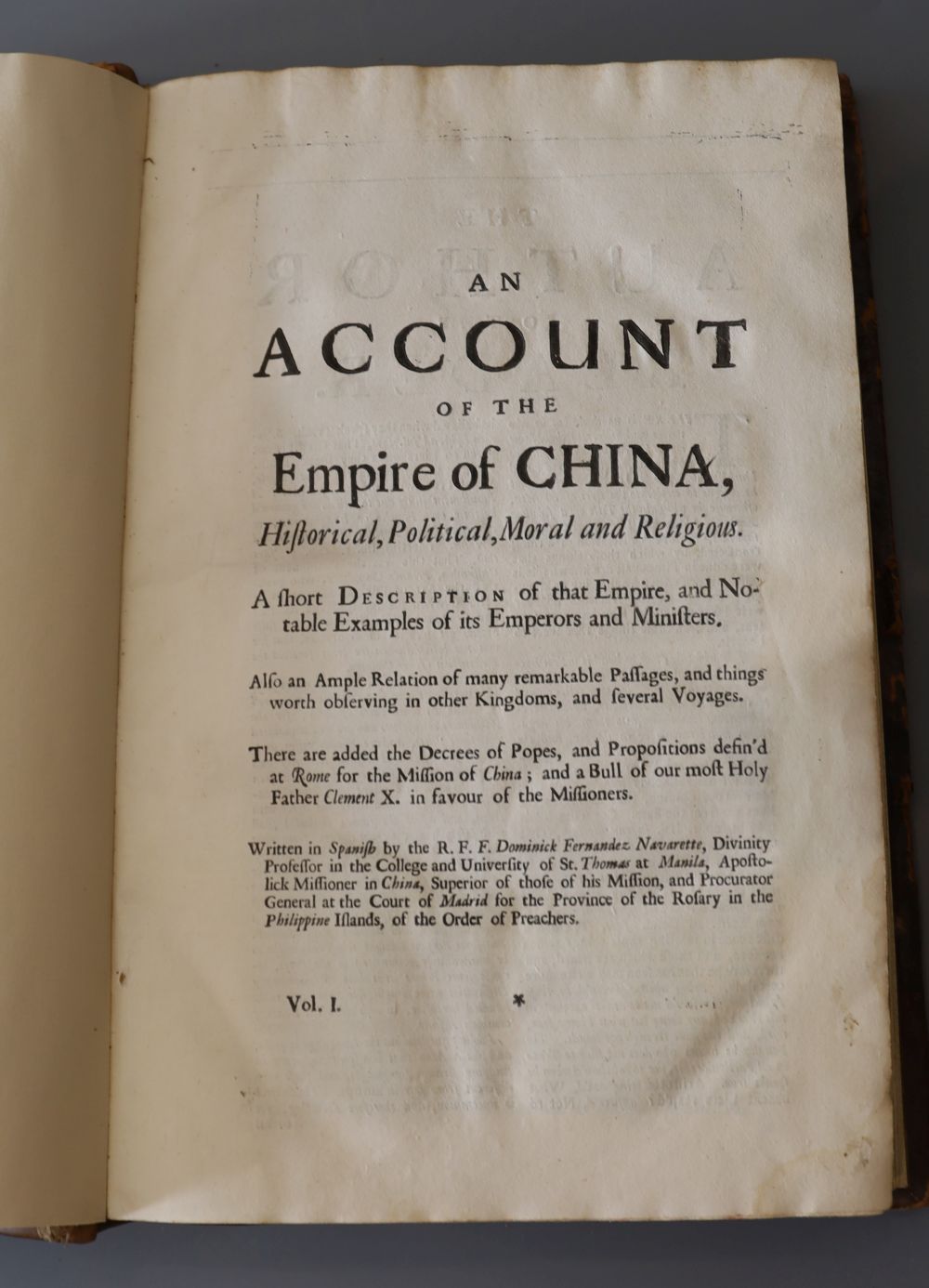Navarrete, Domingo Fernandez, d.1689 - Account of the Empire of China, calf, rebacked, folio, from Churchills Collection of Voyages an
