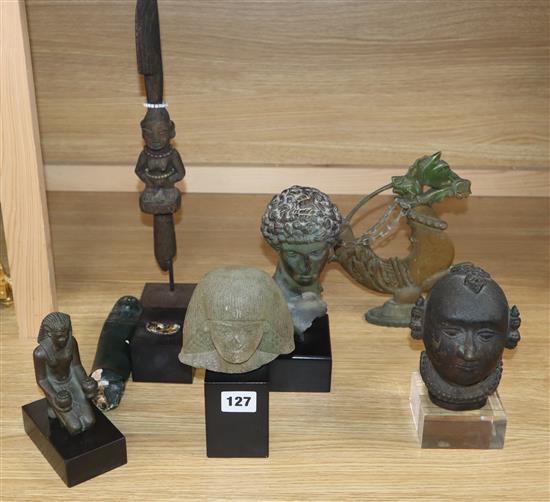 Two resin classical busts, tribal carving, metal head, metal seahorse and an Egyptian figure Two resin classical busts, tribal carving, metal head, metal seahorse and an Egyptian figure