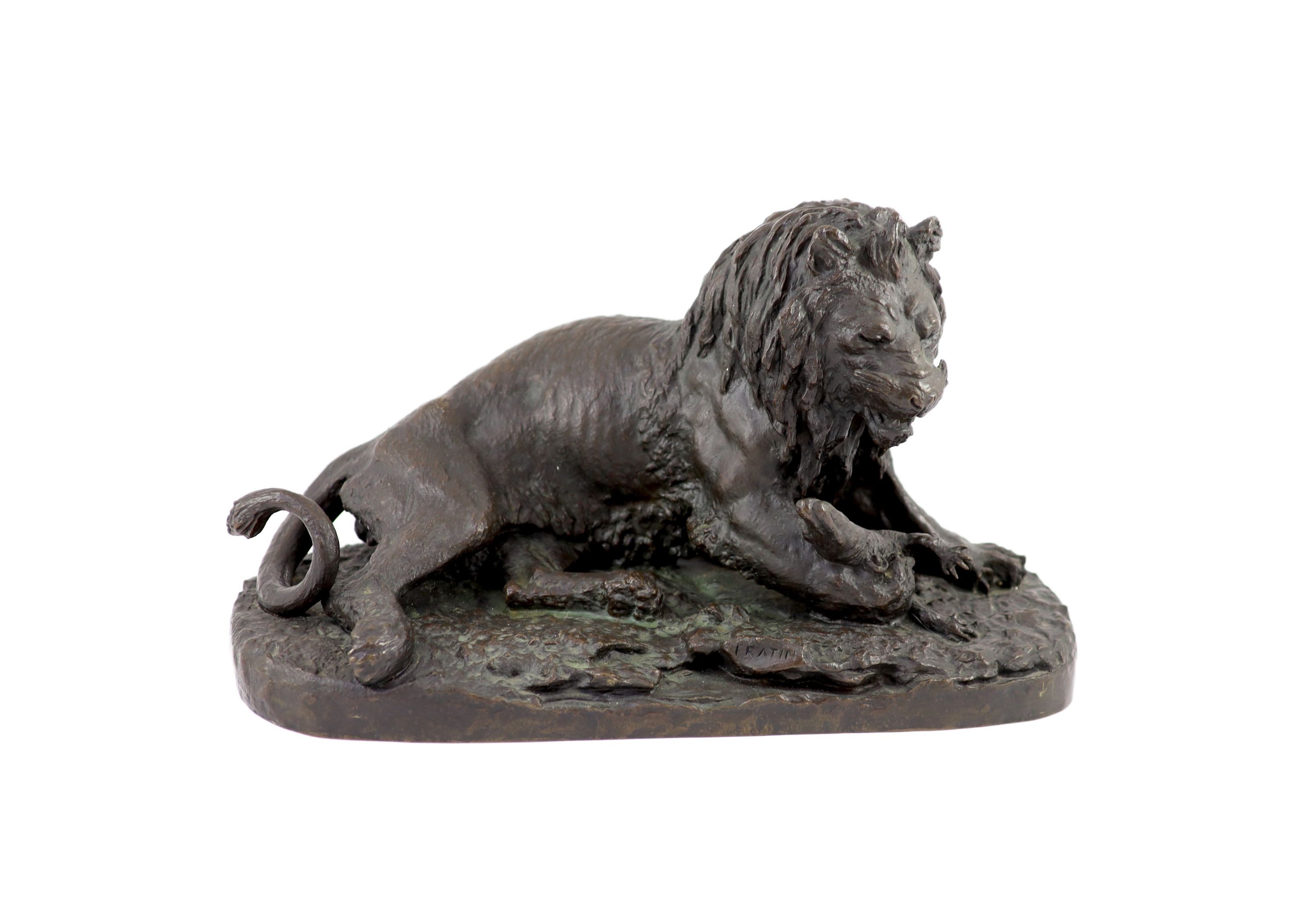 Christopher Fratin (1801-1864). An animalier bronze model 'Lion capturant un gavial', length 45cm height 26cm