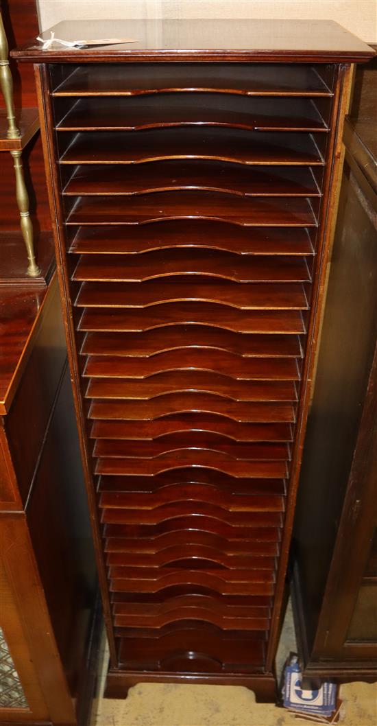 An Edwardian mahogany open fronted filing cabinet, width 39cm, height 130cm An Edwardian mahogany open fronted filing cabinet, width 39cm, height 130cm