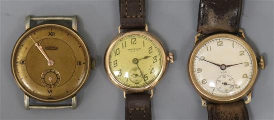 Two 9ct gold wrist watches including Waltham and a steel and gold plated Roamer wrist watch. Two 9ct gold wrist watches including Waltham and a steel and gold plated Roamer wrist watch.