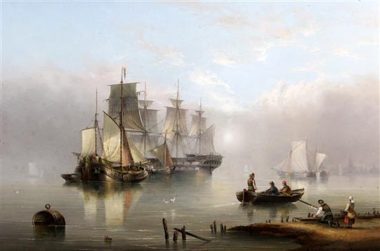 Henry Redmore (1820-1887) Estuary scene with man owar and sail barges at anchor, figures in a rowing boat to the foreground 24 x 36in.