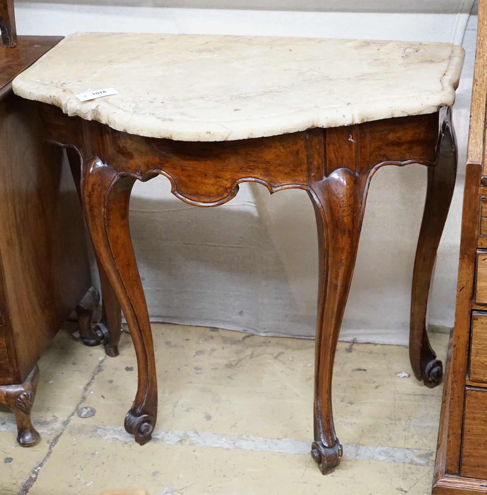 A 19th century and later French marble top walnut console table, width 81cm, depth 47cm, height 78cm