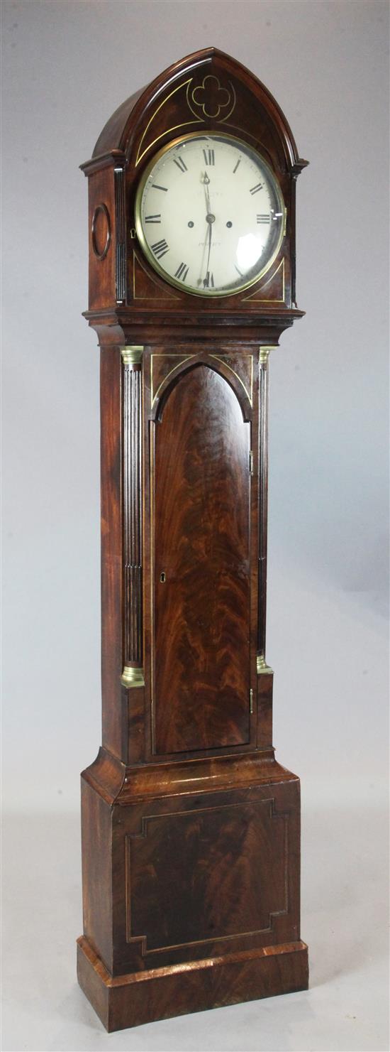An early 19th century brass inlaid mahogany longcase clock, Magine, Pimlico, 6ft 6.5in. An early 19th century brass inlaid mahogany longcase clock, Magine, Pimlico, 6ft 6.5in.