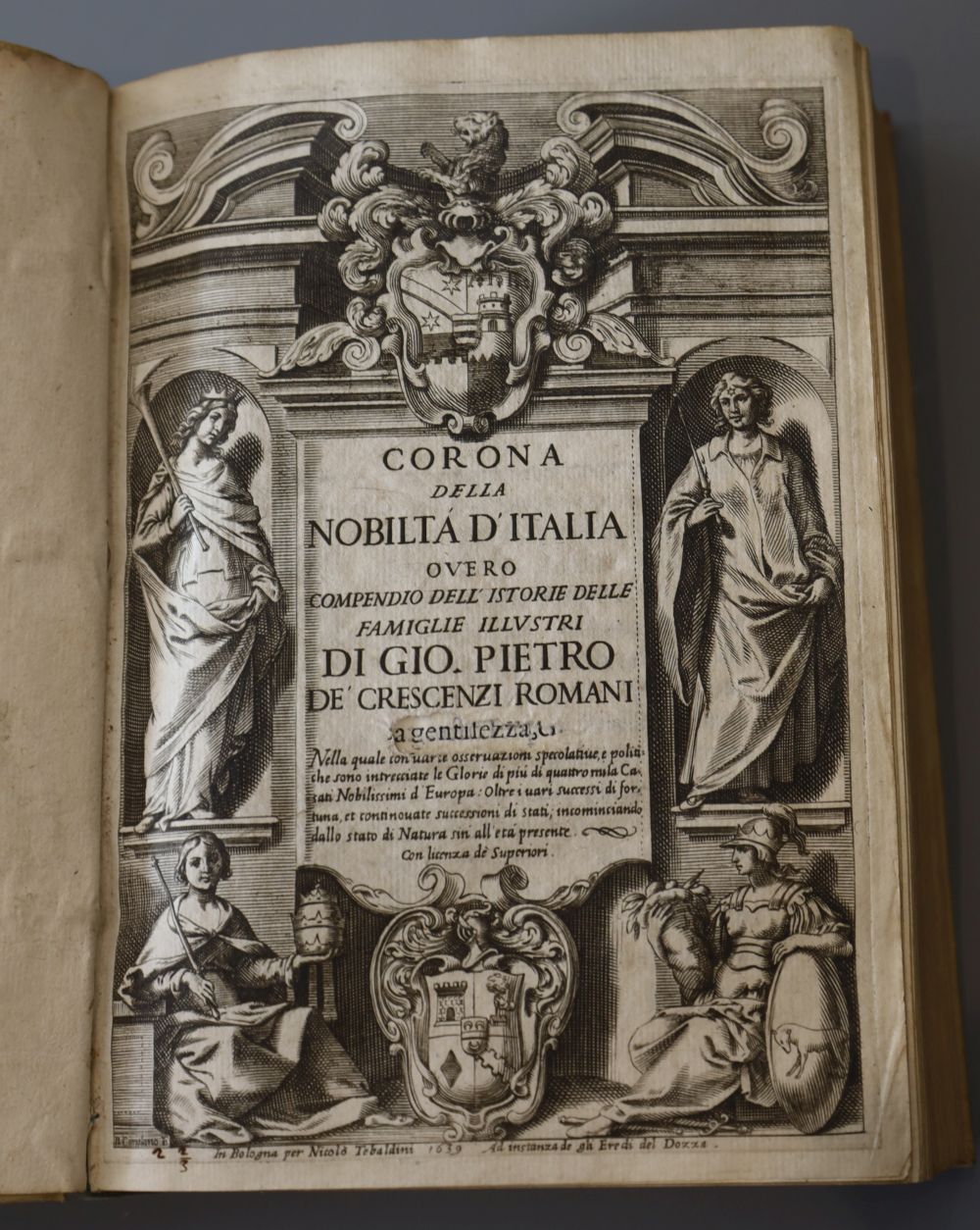 Crescenzi Romani, Giovanni Pietro de - Corona della nobilta ditalia, vol 1 (of 2) 8vo, vellum, hole in title page, Bolgona, 1639