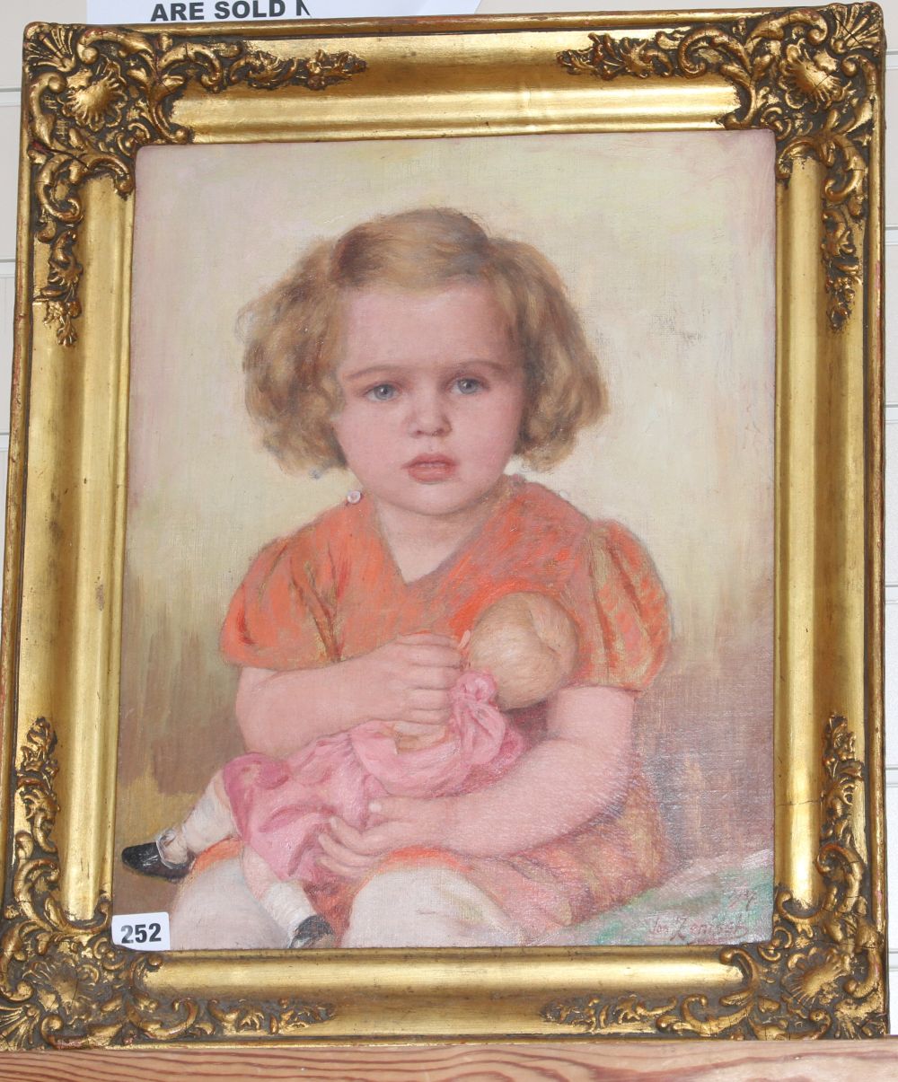 Josef Zenisek (1855-1944), oil on canvas, Portrait of a child holding a doll, signed and dated 1937, 45 x 35cm
