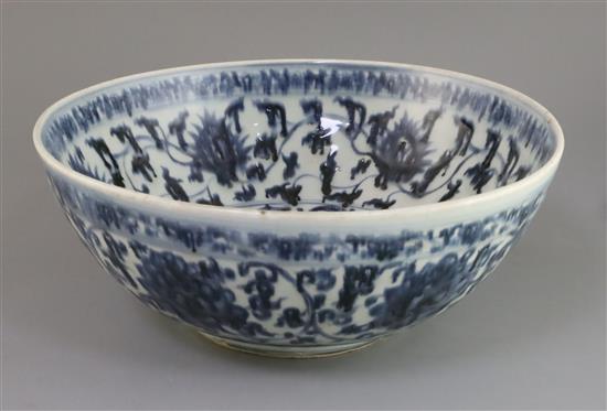 A large Chinese Ming blue and white lotus bowl, late 15th / early 16th century, width 36cm A large Chinese Ming blue and white lotus bowl, late 15th / early 16th century, width 36cm