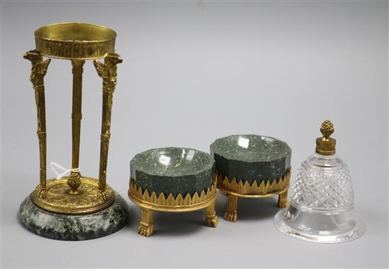 A pair of ormolu-mounted granite salts and a similar centrepiece with sphinx terminals and cut glass receiver A pair of ormolu-mounted granite salts and a similar centrepiece with sphinx terminals and cut glass receiver