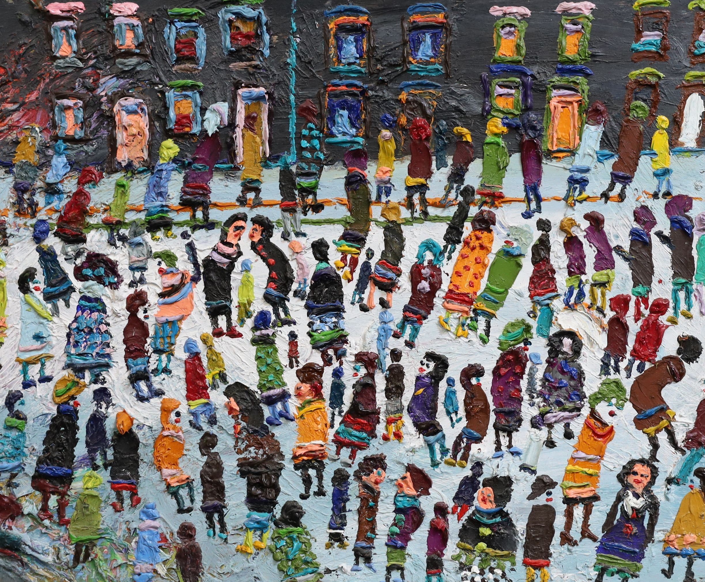 Fred Yates (1922-2008), Crowded street scene, oil on board, 49 x 59cm