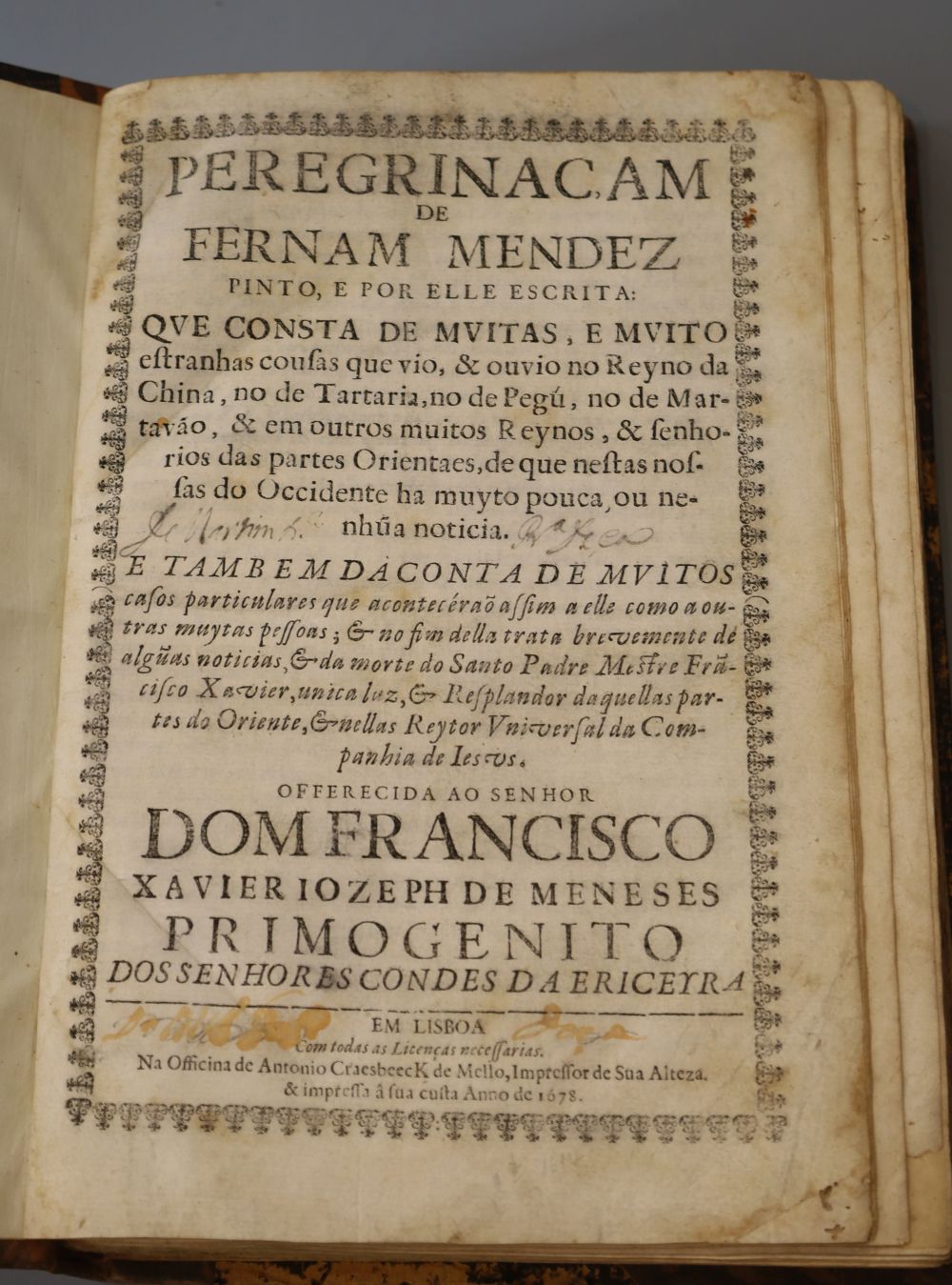 Pinto, Fernao Mendes, d.1583 - Peregrinacam de Fernam Mendez Pinto, quarter calf, quarto, renewed endpapers, repaired to bottom right