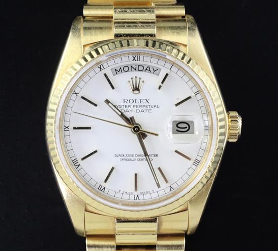 A gentlemens 18ct yellow gold Rolex Oyster Perpetual Day Date wrist watch, A gentlemens 18ct yellow gold Rolex Oyster Perpetual Day Date wrist watch,