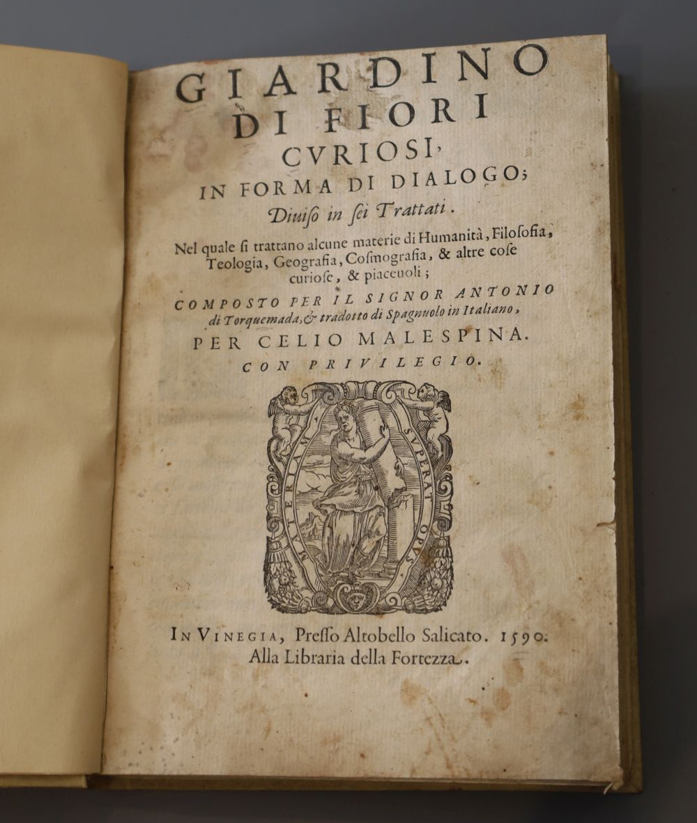 Torquemada, Antonio de - Giardino di fiori curiosi in forma di dialogo..., 1st edition, renewed endpapers, Altobello Salicato, Venice,