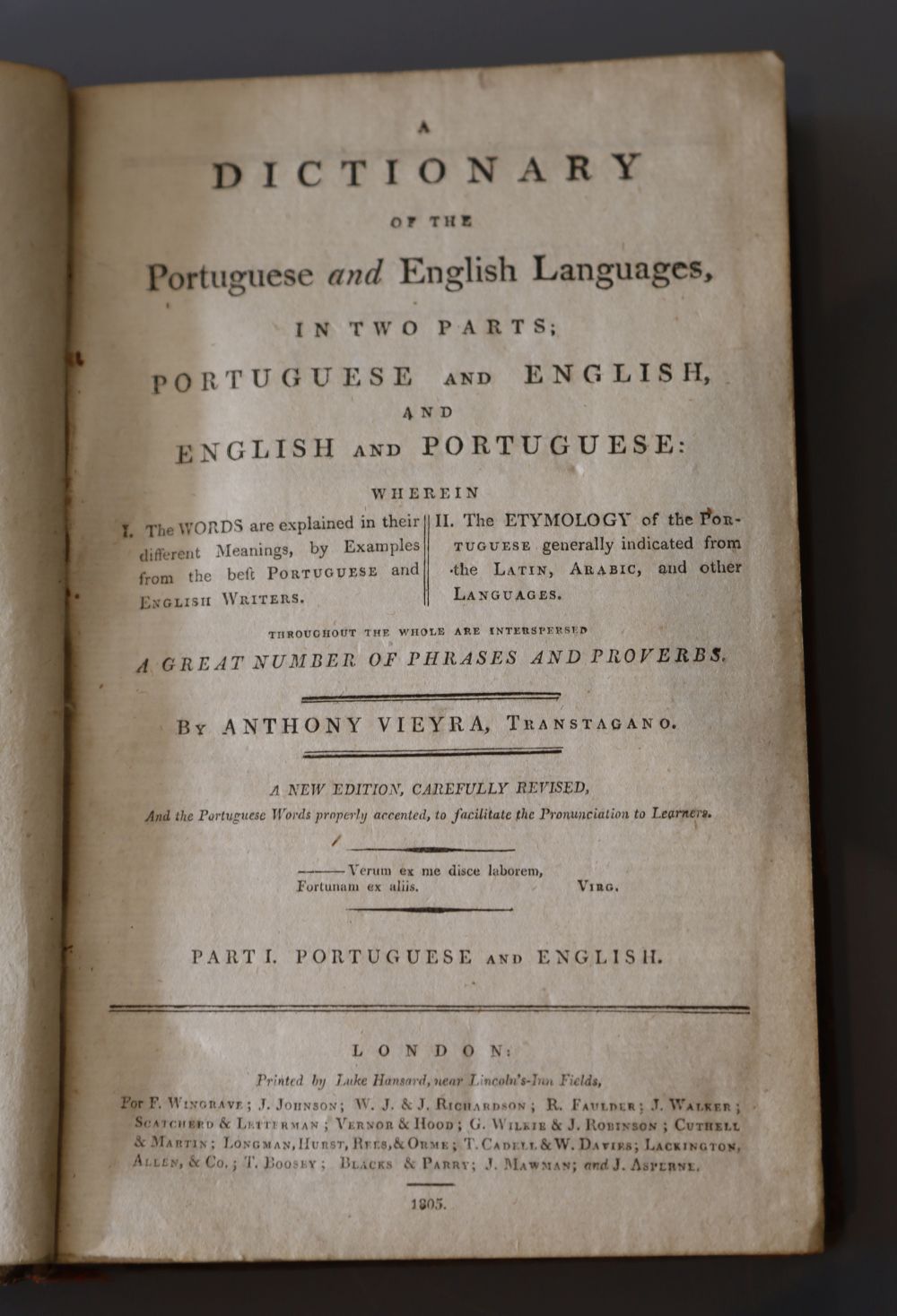 Vieyra, Anthony - Dictionary of the Portuguese and English languages, calf, 8vo, lacking titling label, bookplate of Alexander Thomson