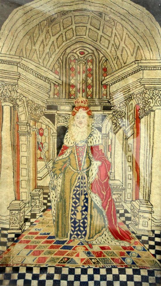 A 17th century needlework panel, depicting Elizabeth I, 24 x 13.75in. A 17th century needlework panel, depicting Elizabeth I, 24 x 13.75in.