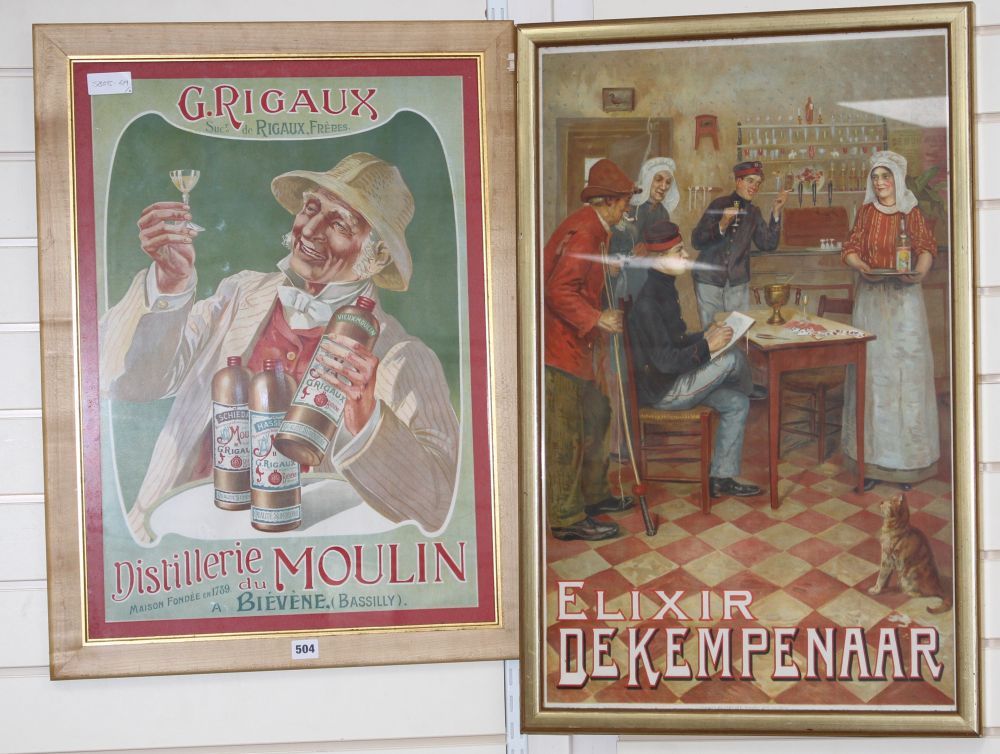 A J.L. Goffart chromolithographic advertising poster Elixir de Kempenaar, 78 x 49cm, and another poster for G Rigaux