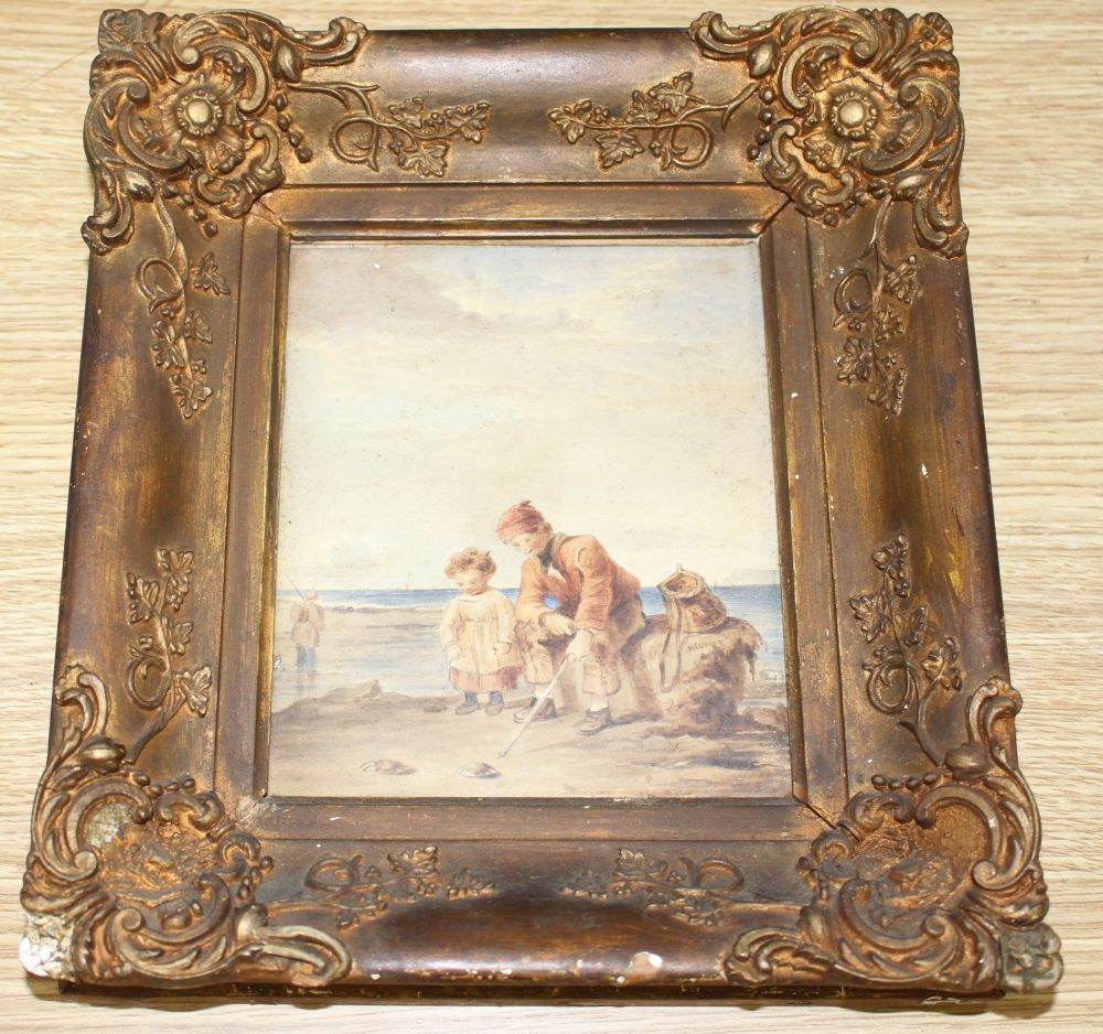 A Victorian watercolour of children on the seashore, 16 x 13cm, an oil on board of an angler in a landscape, 17 x 25cm and a pair of Ja