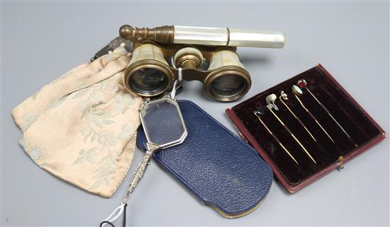 Six stick pins, various, a pair of mother of pearl opera glasses with telescopic handle and two other items, Six stick pins, various, a pair of mother of pearl opera glasses with telescopic handle and two other items,