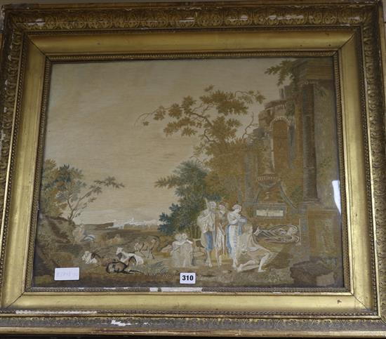 A Regency painted silkwork panel depicting cl;assical figures, sheep and goats beside ruins, 52 x 63cm