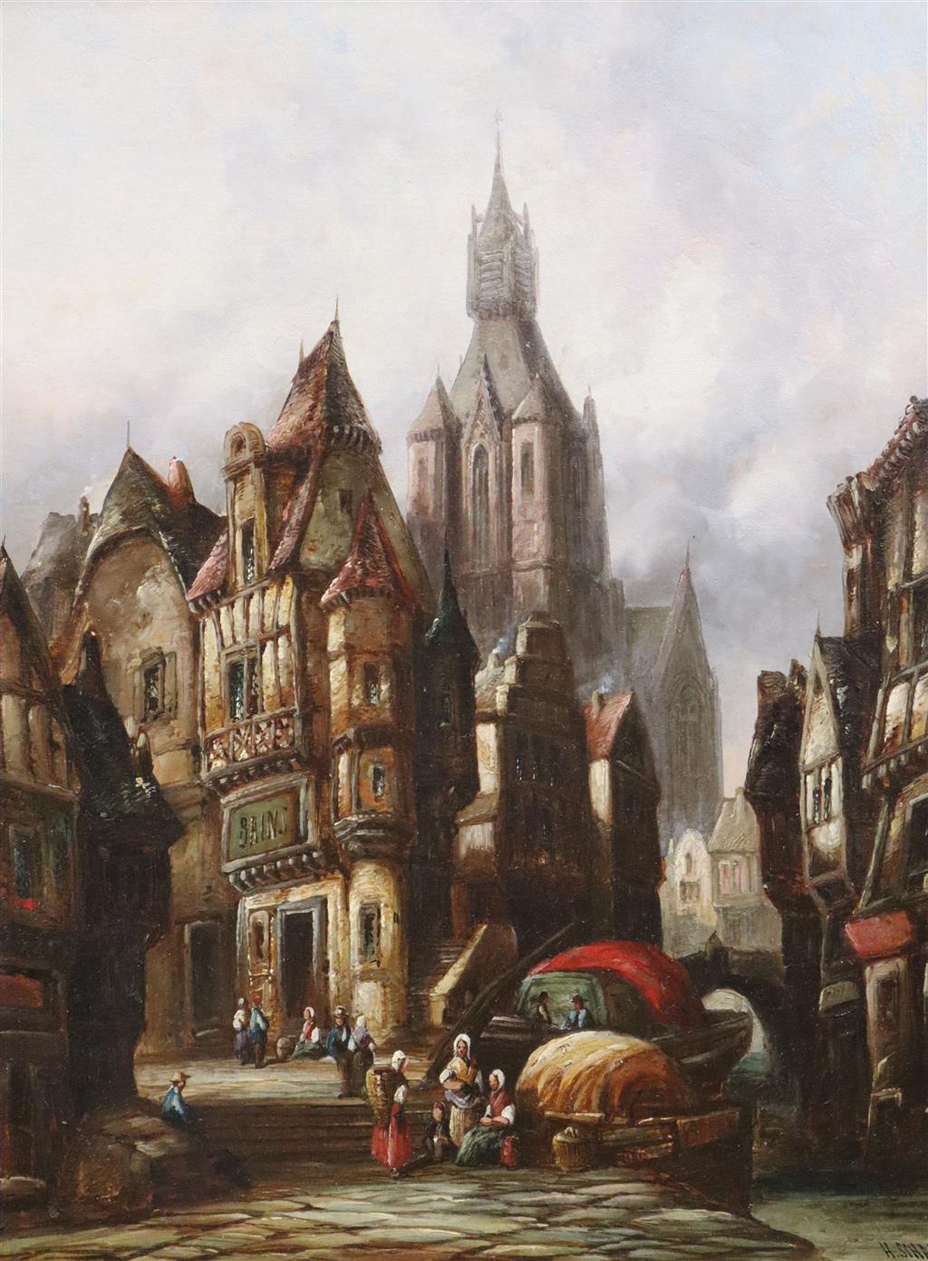 Henry Schafer (1833-1916), oil on canvas, Street scene, Malines, Belgium, signed, 40 x 30cm