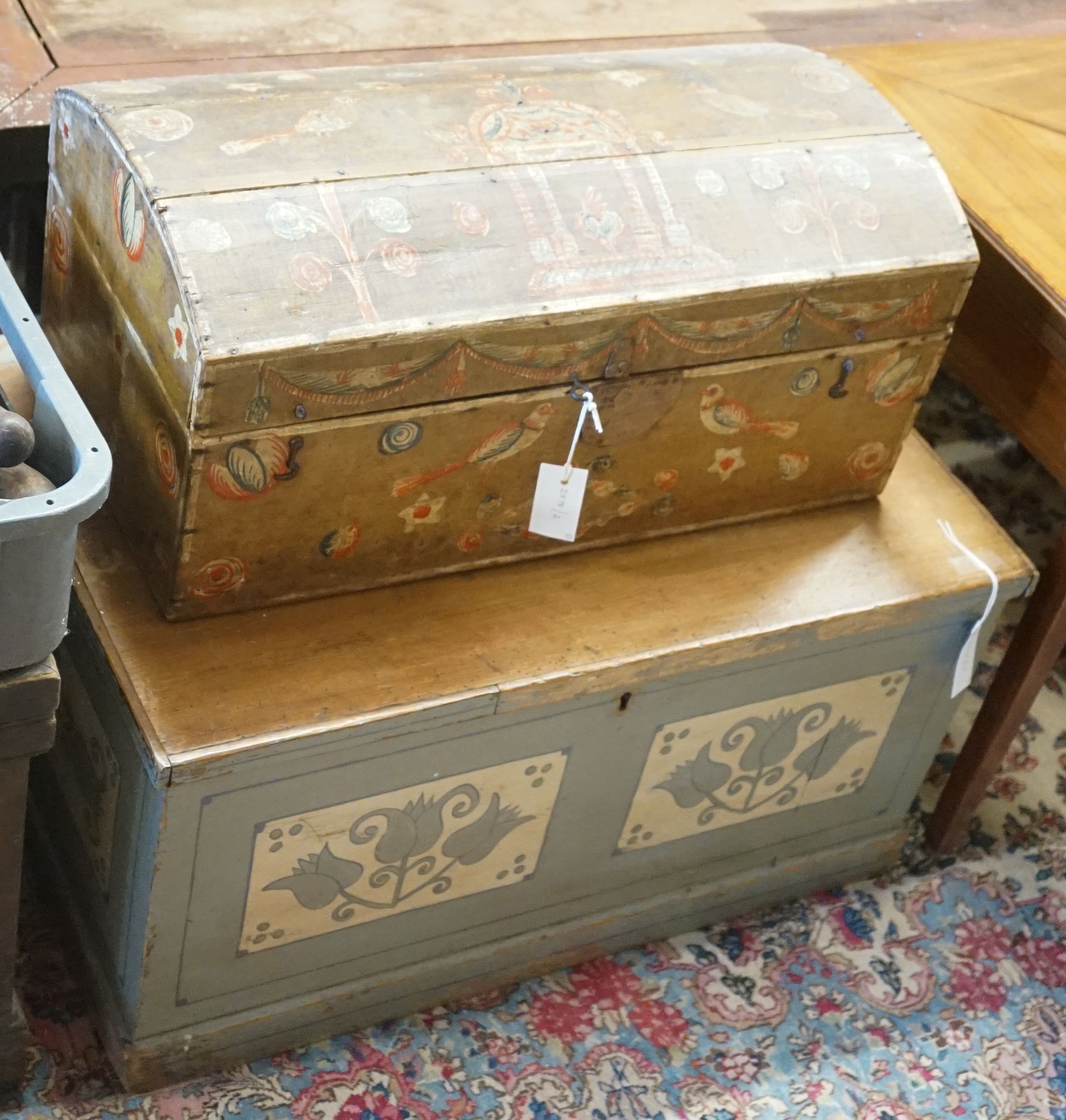 Two 19th century Swedish painted pine trunks, larger width 78cm, depth 49cm, height 40cm