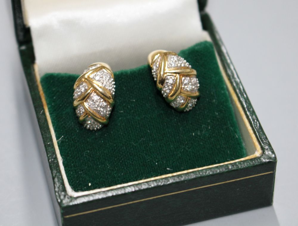 A pair of modern 18ct gold and pave set diamond cluster demi-lune earrings,