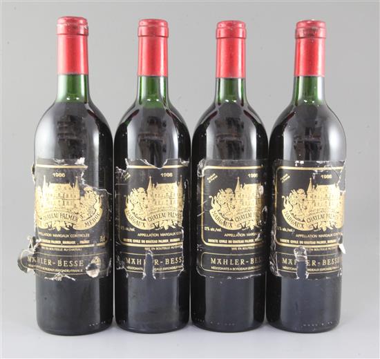 Four bottles of Chateau Palmer, Mahler Besse, Margaux, 1986. Four bottles of Chateau Palmer, Mahler Besse, Margaux, 1986.