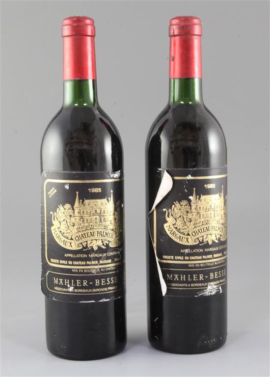 Two bottles of Chateau Palmer, Mahler Besse, Margaux, 1985. Two bottles of Chateau Palmer, Mahler Besse, Margaux, 1985.