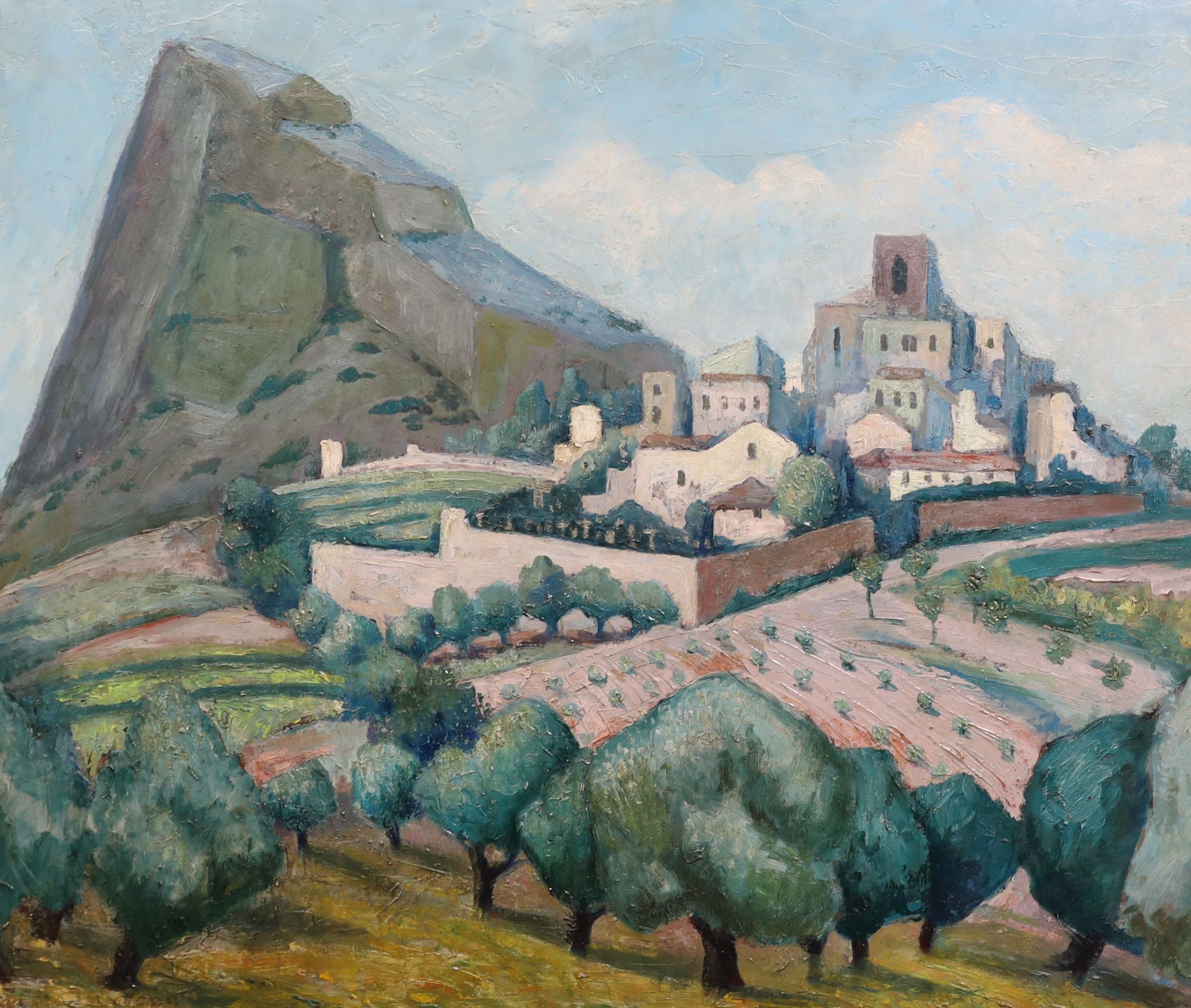 Attributed to Adrian Paul Allinson (1890-1959), Southern French landscape with hilltop town, oil on board, 50.5 x 60.5cm. unframed