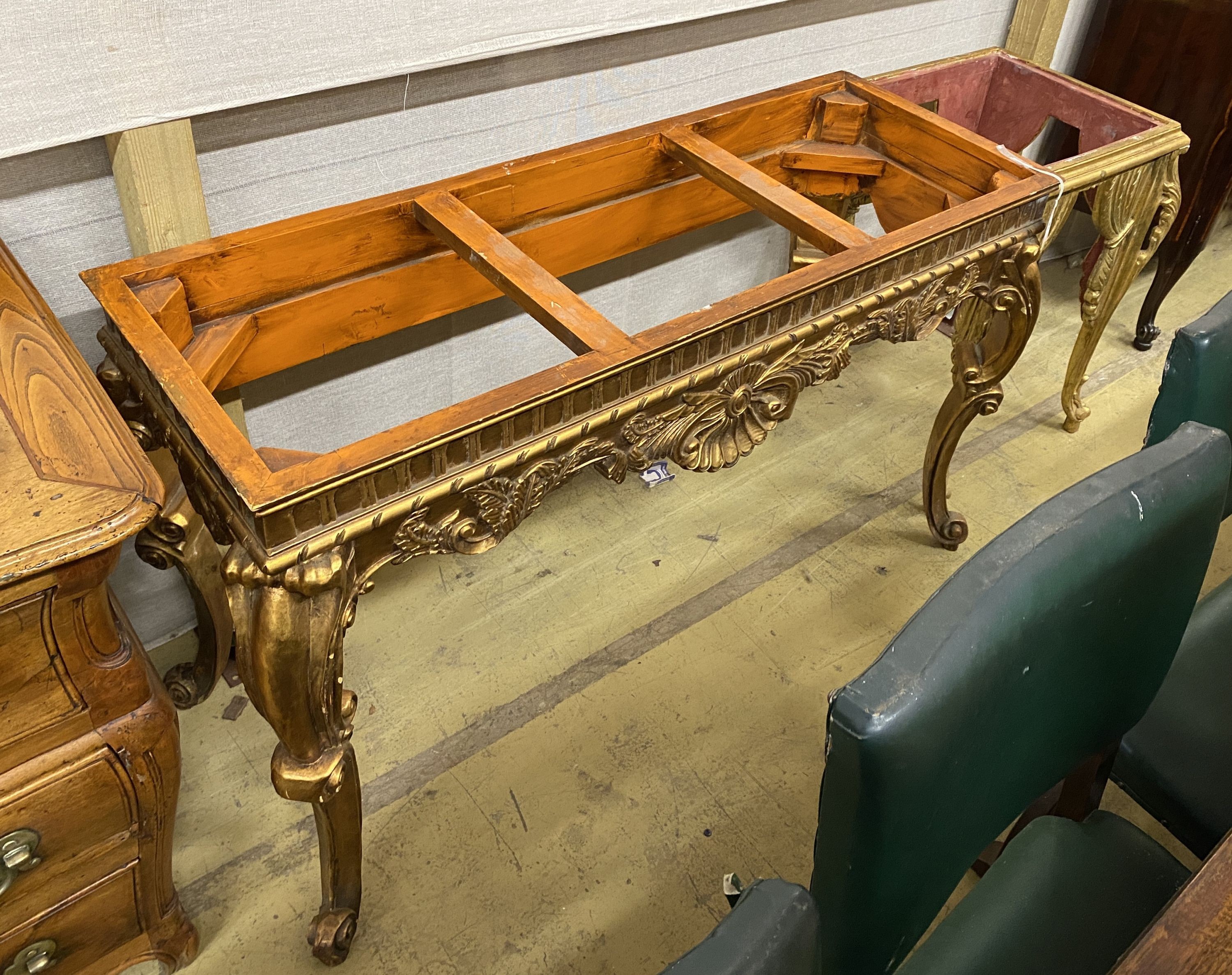 Two 18th century style giltwood table bases (lacking marble tops), larger width 127cm, depth 47cm, height 79cm
