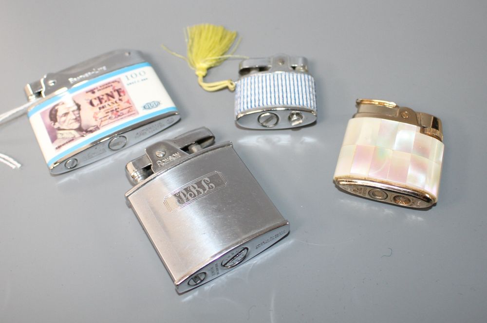 Four assorted ladys and gentlemans base metal cigarette lighters including Ronson mother of pearl and Brother-Lite, largest 55mm.