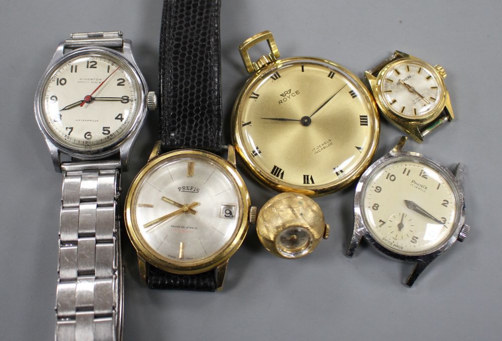 Three assorted gentlemans wrist watches including steel Kingston and Phenix, a steel and gold plated Prefis and 3 others.