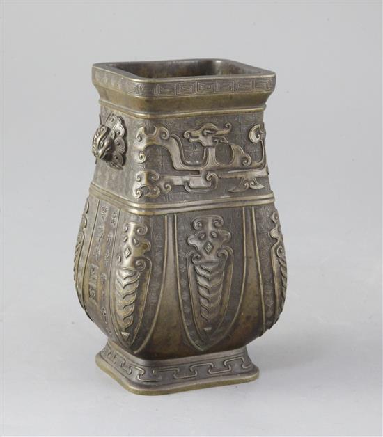 A Chinese archaistic bronze vessel, fanghu, Xuande mark but 17th/18th century, height 15.3cm A Chinese archaistic bronze vessel, fanghu, Xuande mark but 17th/18th century, height 15.3cm