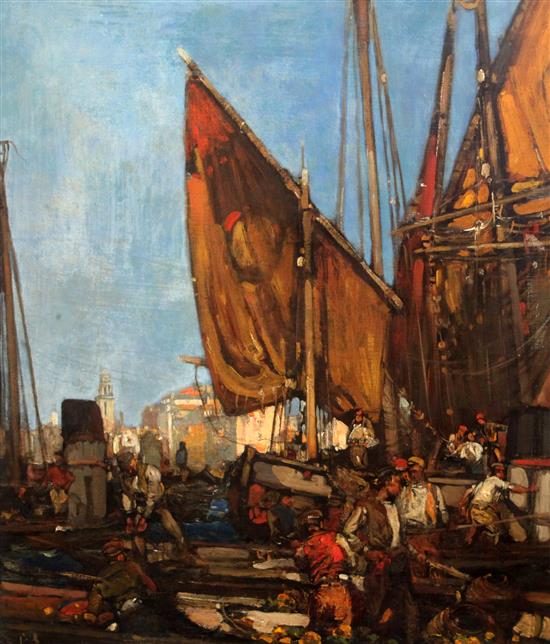 § Sir Frank Brangwyn (1867-1956) A Mediterranean sea port 27.5 x 23.5in. § Sir Frank Brangwyn (1867-1956) A Mediterranean sea port 27.5 x 23.5in.