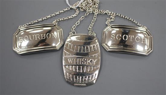 A pair of modern silver wine labels, Scotch & Bourbon, Birmingham, 2002 ( no date letter) and one other.