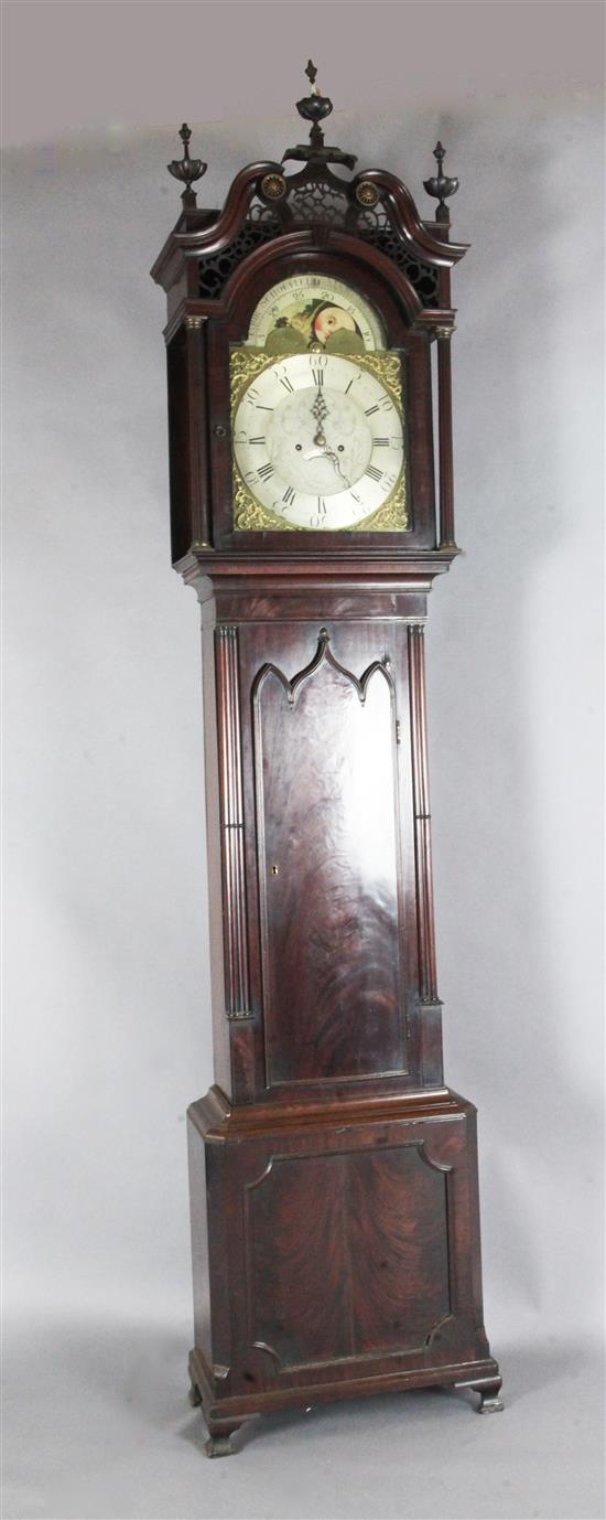 Major Scholfield of Manchester. An early 19th century flame mahogany cased eight day longcase clock, 8ft 6in. Major Scholfield of Manchester. An early 19th century flame mahogany cased eight day longcase clock, 8ft 6in.